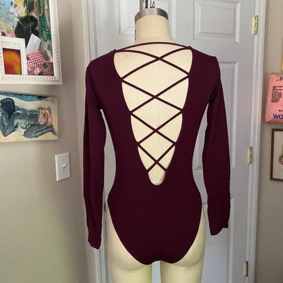 FOREVER 21 Wine Burgundy Stretch Lace up L/Slv Bodysuit Blouse Shirt *SMALL* B70 - Picture 4 of 4